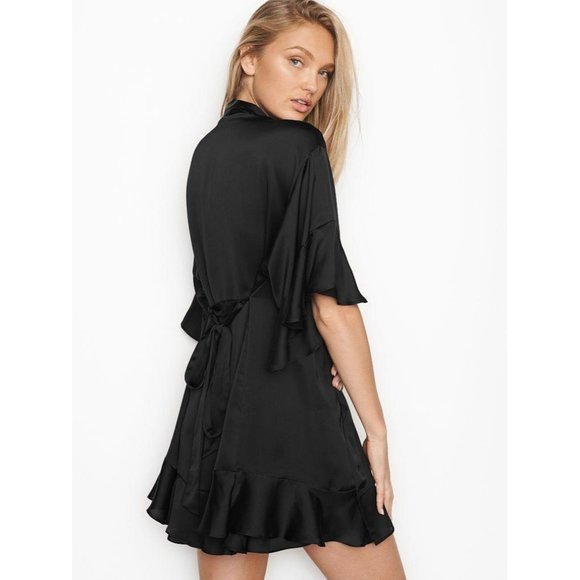 Victoria's Secret Tops - Victoria's Secret Flounce Satin Black Robe XS